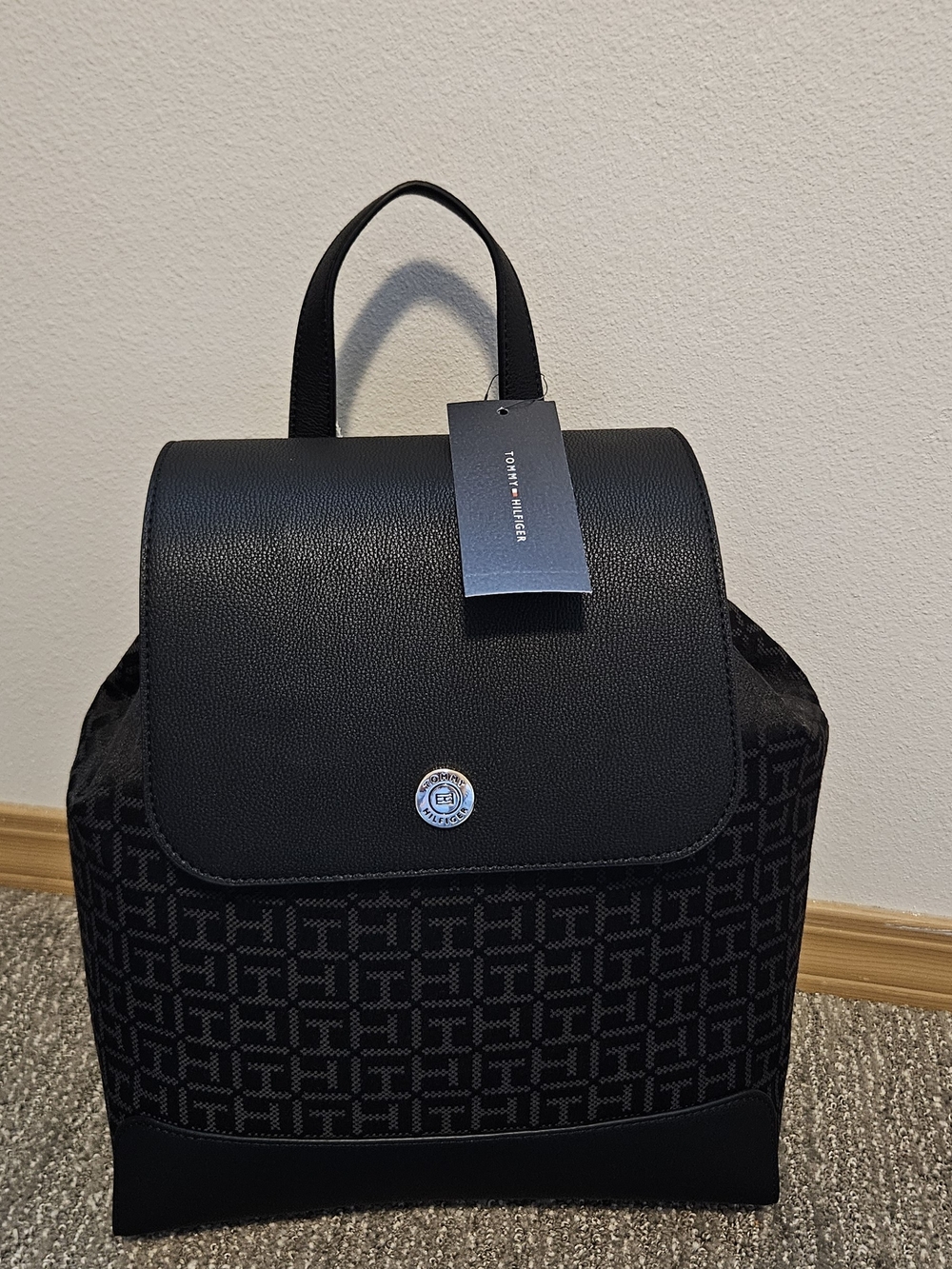 Tommy Hilfiger Black Monogram Backpack with Top Handle